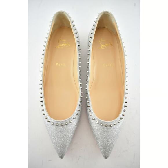 Christian Louboutin Anjalina Flat Silver Glitter Spike Pointed Ballerina 37.5 - Picture 9 of 12